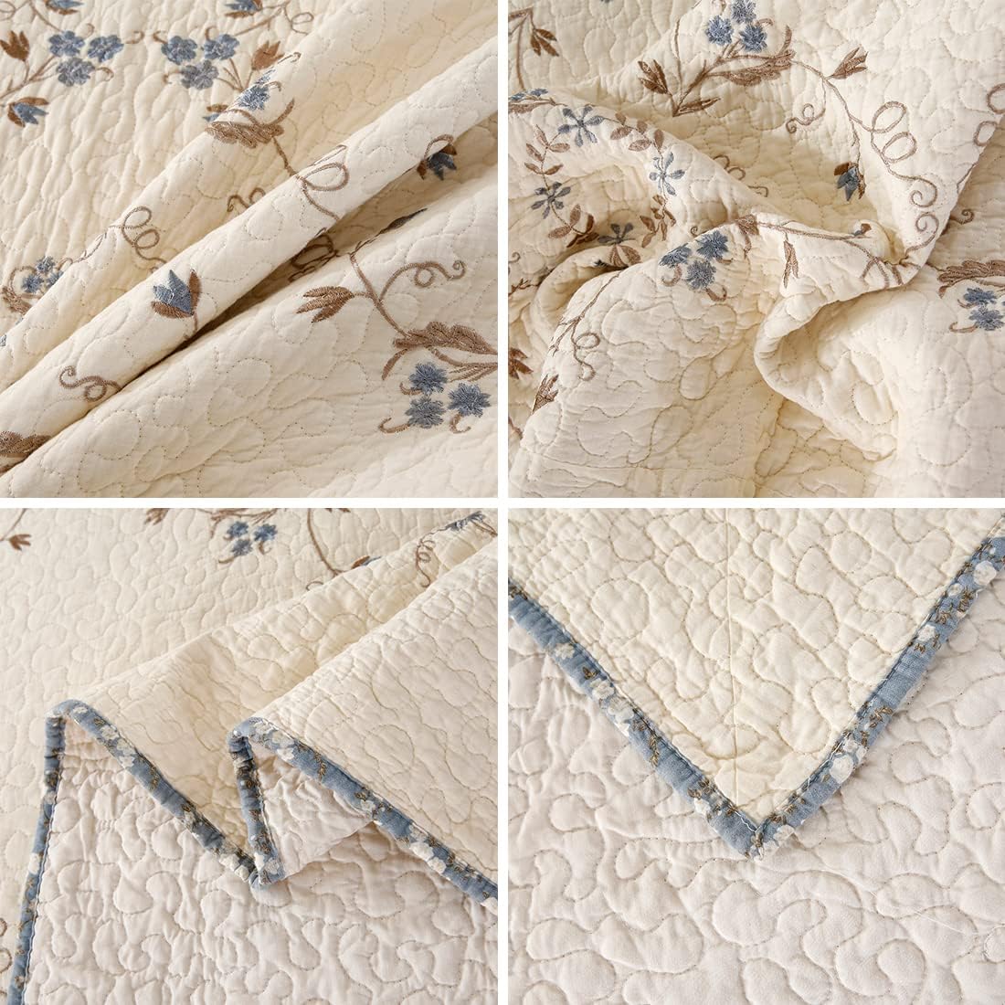 vctops 3-Piece Elegant Floral Embroidered Bedspread Coverlet Set 100% Cotton Reversible Patchwork 1 Quilt and 2 Pillow Shams Full/Queen, Flower B