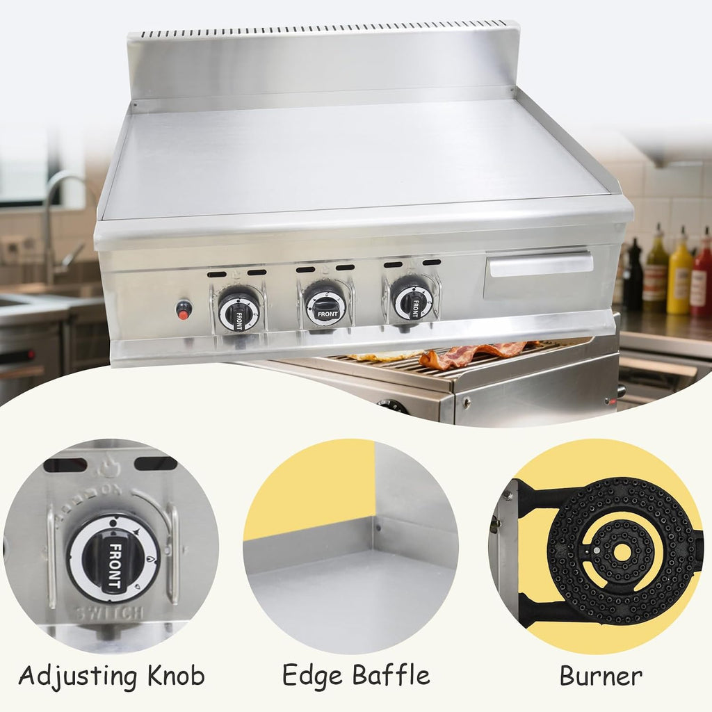 INTSUPERMAI Commercial Grill Griddle LPG Countertop Griddle 2800Pa Flat Top Grill Hot Plate Stove Stainless Steel Teppanyaki Grill Plate Size 35.63×21.65 in for Restaurant Kitchen Camping Outdoor BBQ