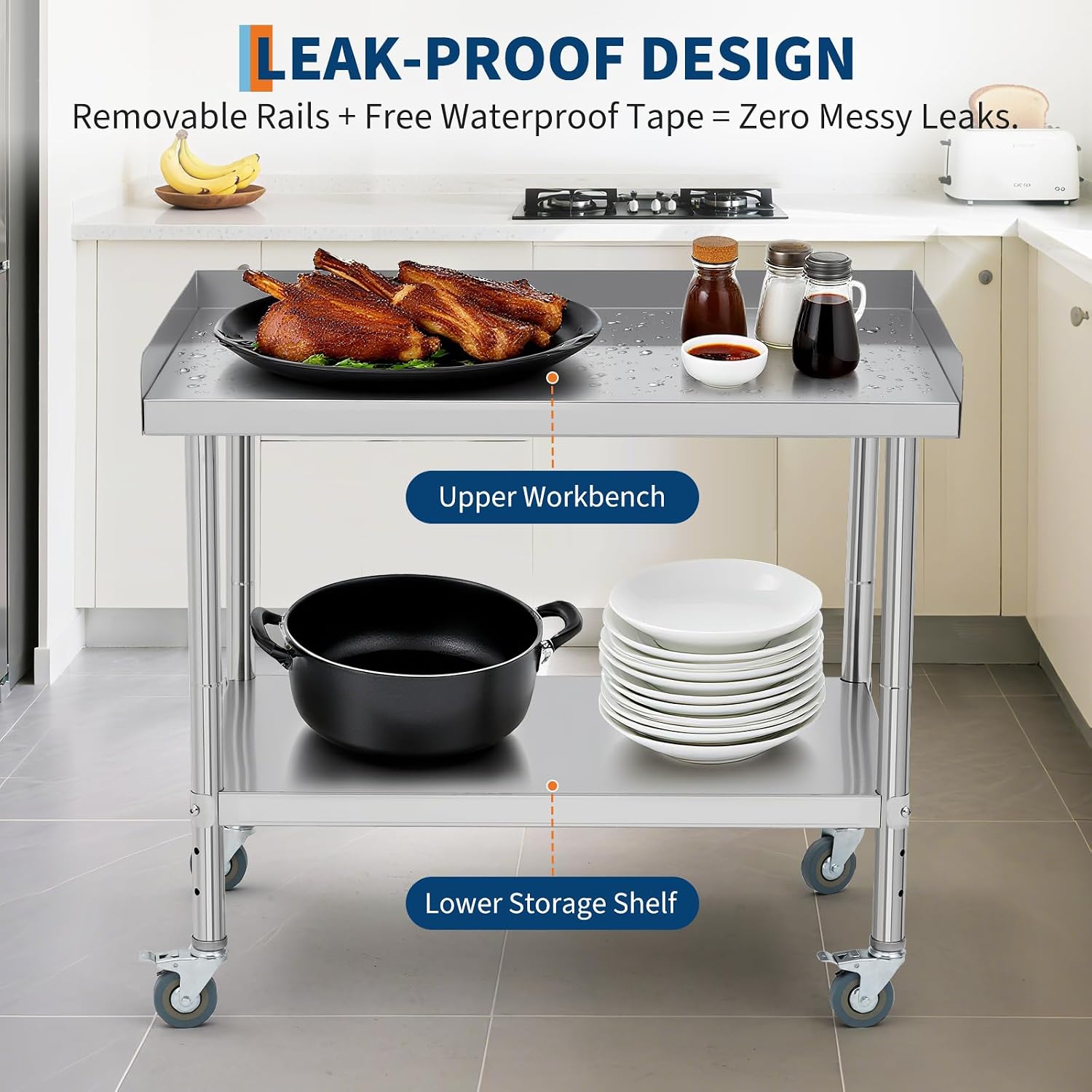 GarveeTech Stainless Steel Grill Stand Table - 36x30x30 Inches, 660 LBS Heavy-Duty Capacity, NSF Certified, with Movable Wheels & 2' Edge Baffle for Home, Commercial Restaurant Kitchen, Hotel