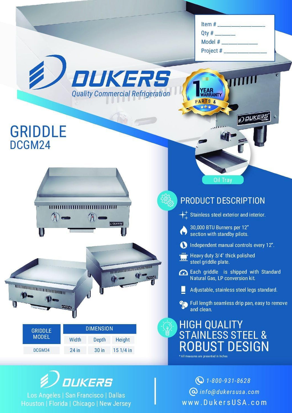 Dukers DCGM24 24 in. W Commercial Countertop Gas Griddle, 2 Burner, NG/LPG (Natural Gas/Liquid Propane) 60,000 BTU 3/4 Plate with Manual Controls