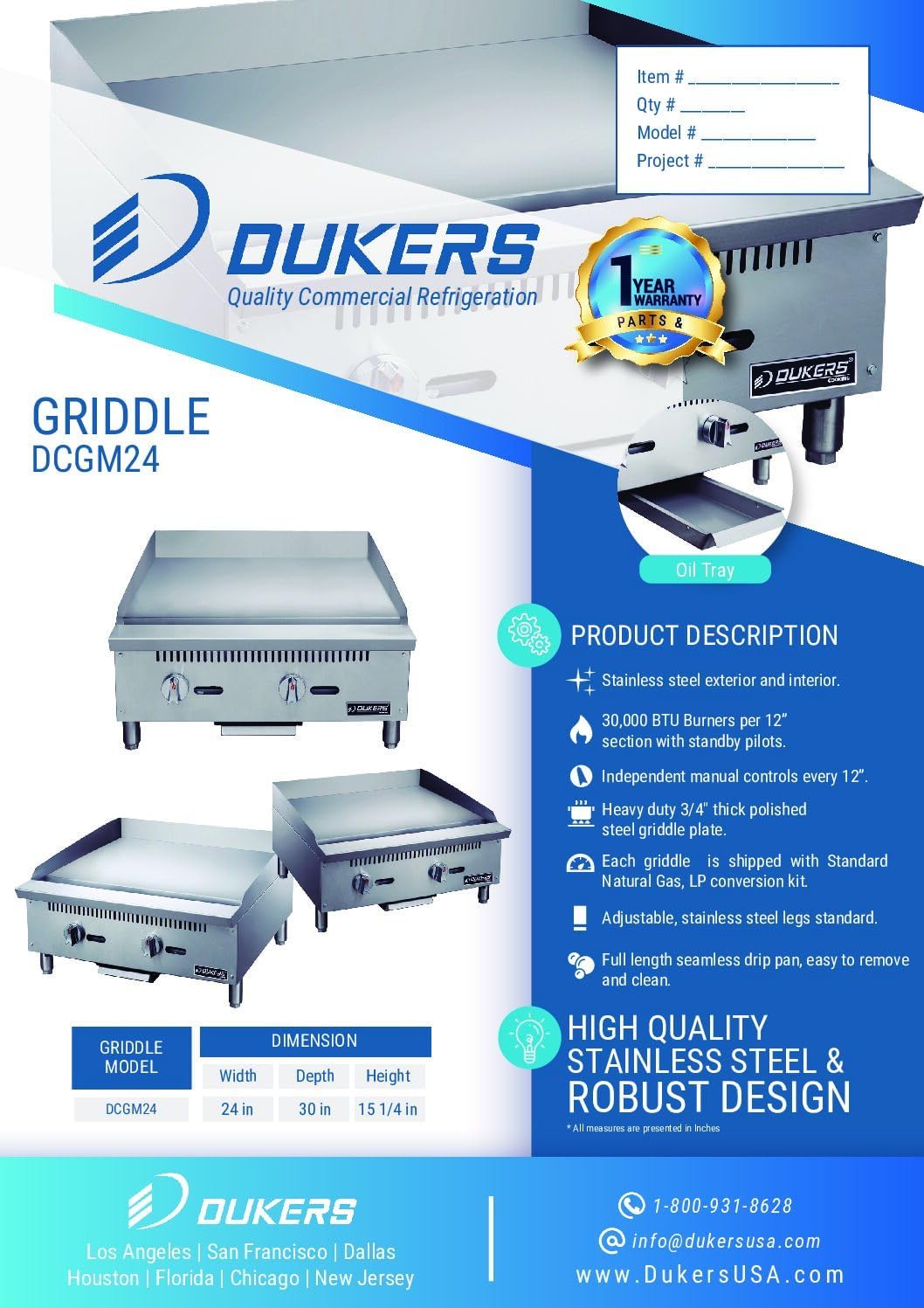 Dukers DCGM24 24 in. W Commercial Countertop Gas Griddle, 2 Burner, NG/LPG (Natural Gas/Liquid Propane) 60,000 BTU 3/4 Plate with Manual Controls