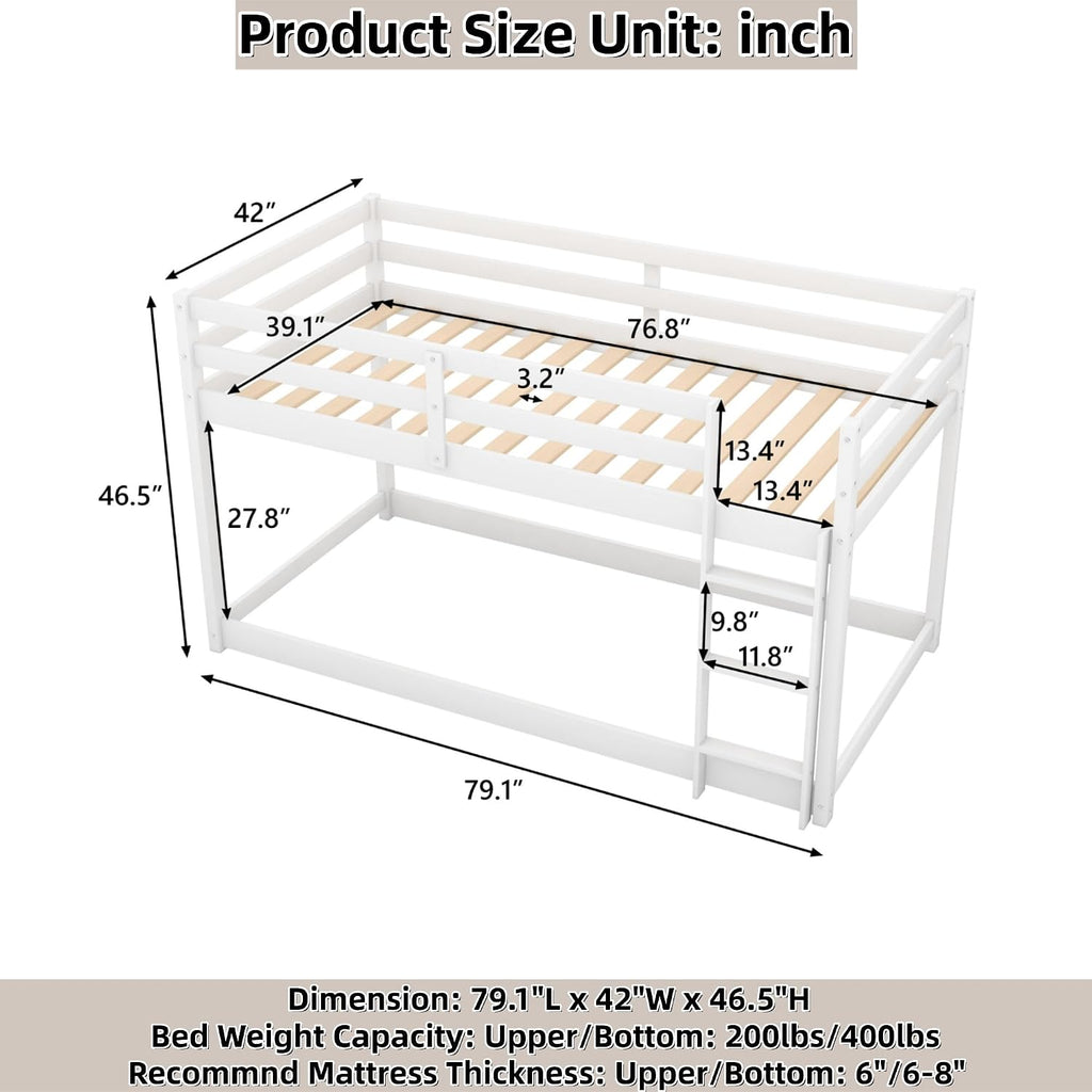 Low Bunk Bed Twin Over Twin, Solid Wood Floor Bunk Bed Frame with Ladder & Safety Guardrails, Twin Bunk Beds for Kids Boys and Girls, Saving Space, No Box Spring Needed, White