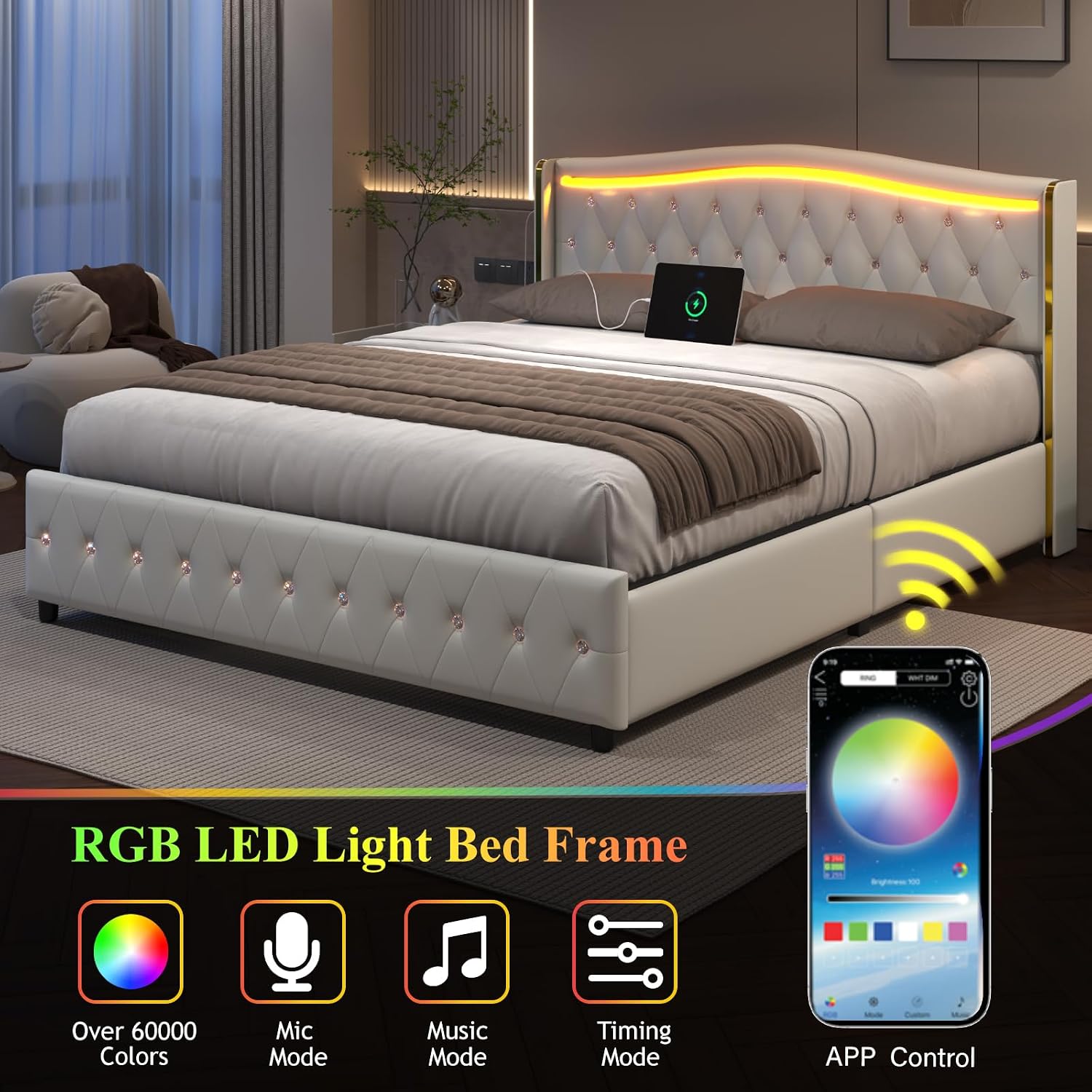 E-Motie Queen Bed Frame with Wingback Headboard, Upholstered Platform Bed with RGB LED Lights, Charging Station, 4 Storage Drawers & Metal Slat Support, No Box Spring Needed, White