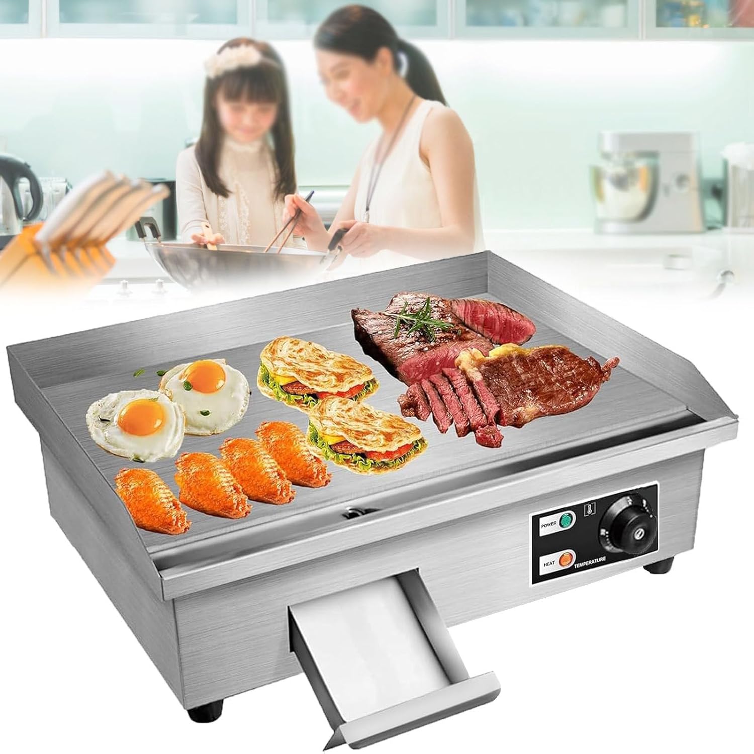 Electric Griddle 22' Commercial Flat Top Grill Countertop Griddle Hot Plate, Removable Oil Box, Adjustable Temperature 50-300℃, Teppanyaki Grill for Restaurant Kitchen,110V
