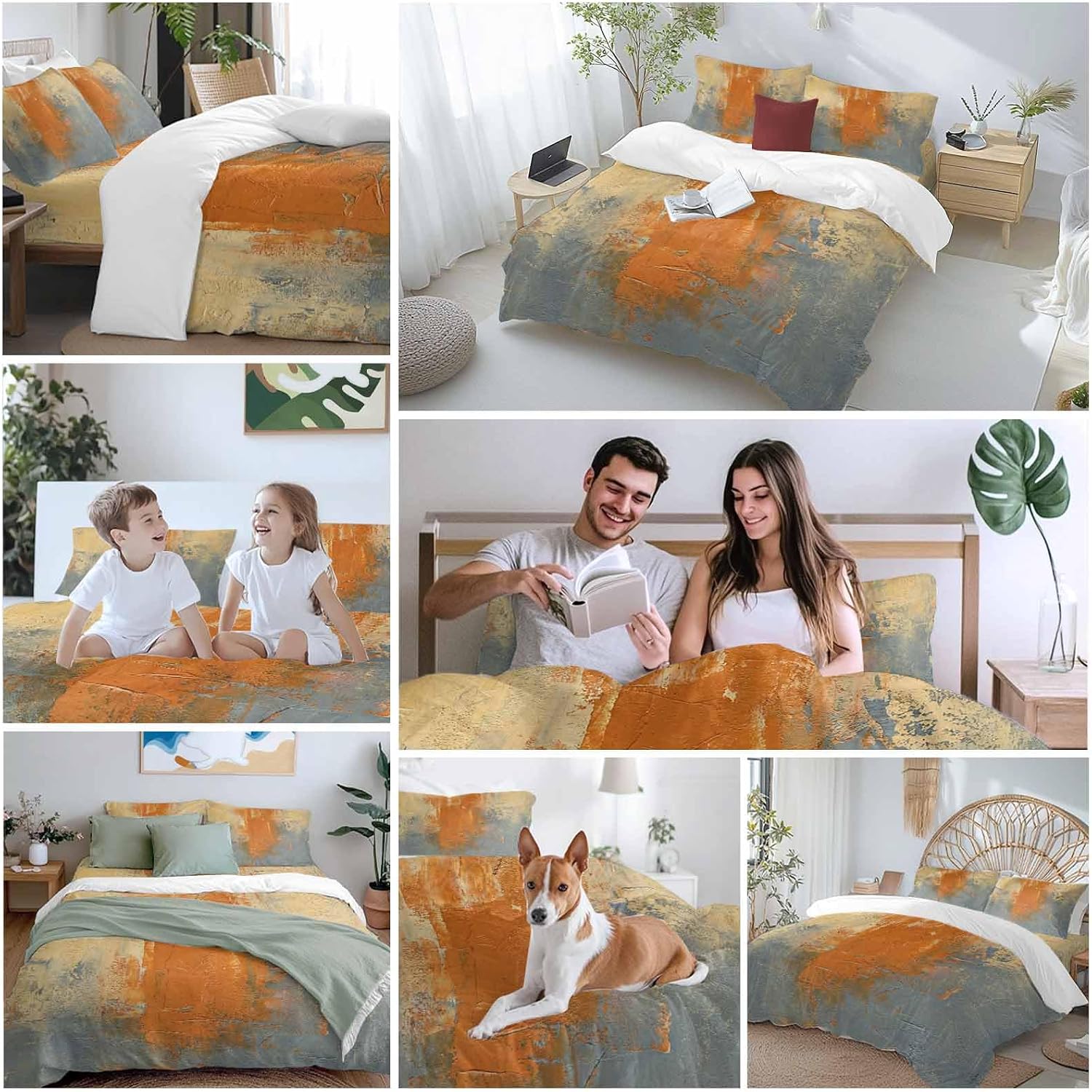 Abstract Art Duvet Cover Set Queen Size 4 Pieces Orange Grey Wall Mottled Texture Minimalist Modern Bedding Set with Zipper Closure, 1 Comforter Cover 86x86 Inches 1 Flat Sheet & 2 Pillow Cases