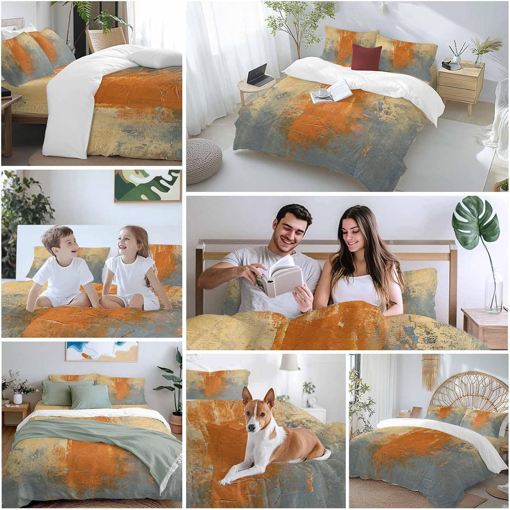Abstract Art Duvet Cover Set Queen Size 4 Pieces Orange Grey Wall Mottled Texture Minimalist Modern Bedding Set with Zipper Closure, 1 Comforter Cover 90x92 Inches 1 Flat Sheet & 2 Pillow Cases