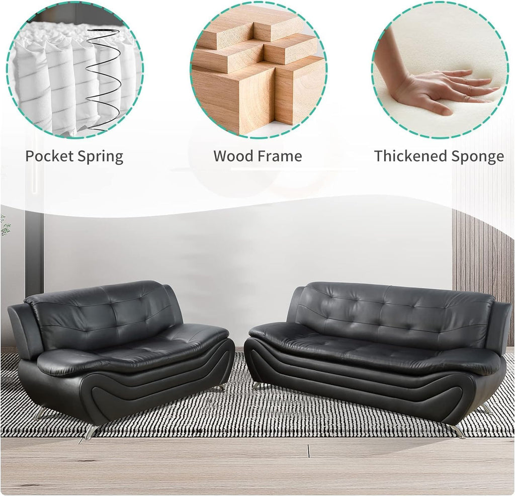 Contemporary Living Room Furniture Set, Faux Leather Sofa Set for Living Room/House/Bedroom/Office/Apartment (Black-A, Sofa,Loveseat), F45&F46