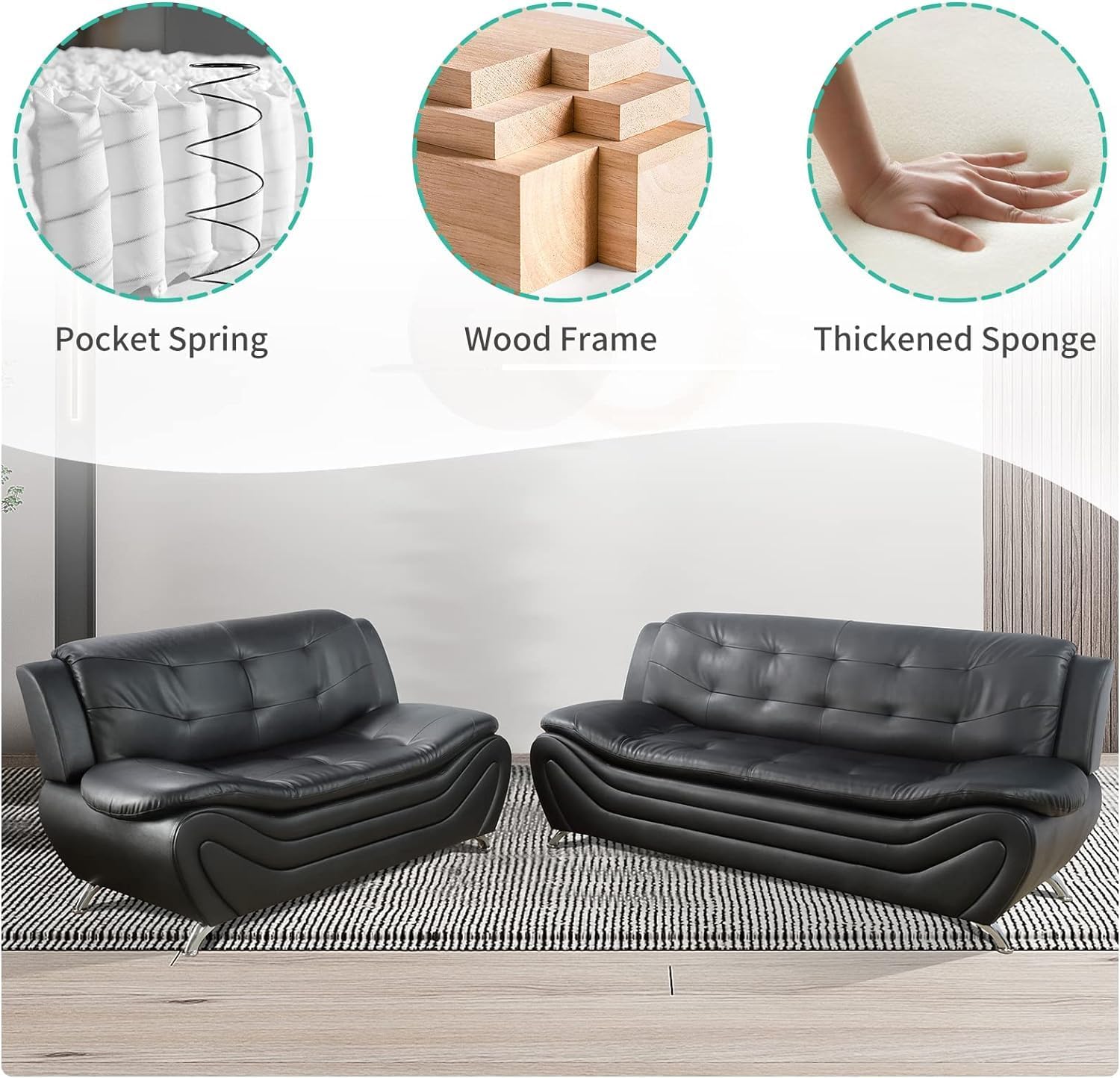Contemporary Living Room Furniture Set, Faux Leather Sofa Set for Living Room/House/Bedroom/Office/Apartment (Black-A, Sofa,Loveseat), F45&F46
