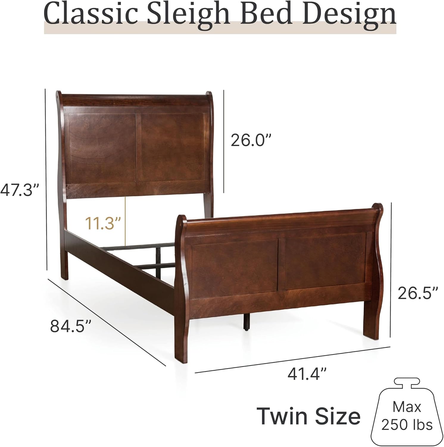 BOWERY HILL Transitional Solid Wood Twin Sleigh Bed, Cherry Finish, Paneled Headboard and Footboard, 83.5 in x 41.38 in x 47.25 in, Kids Bedroom Furniture, Durable MDF and Veneer Construction
