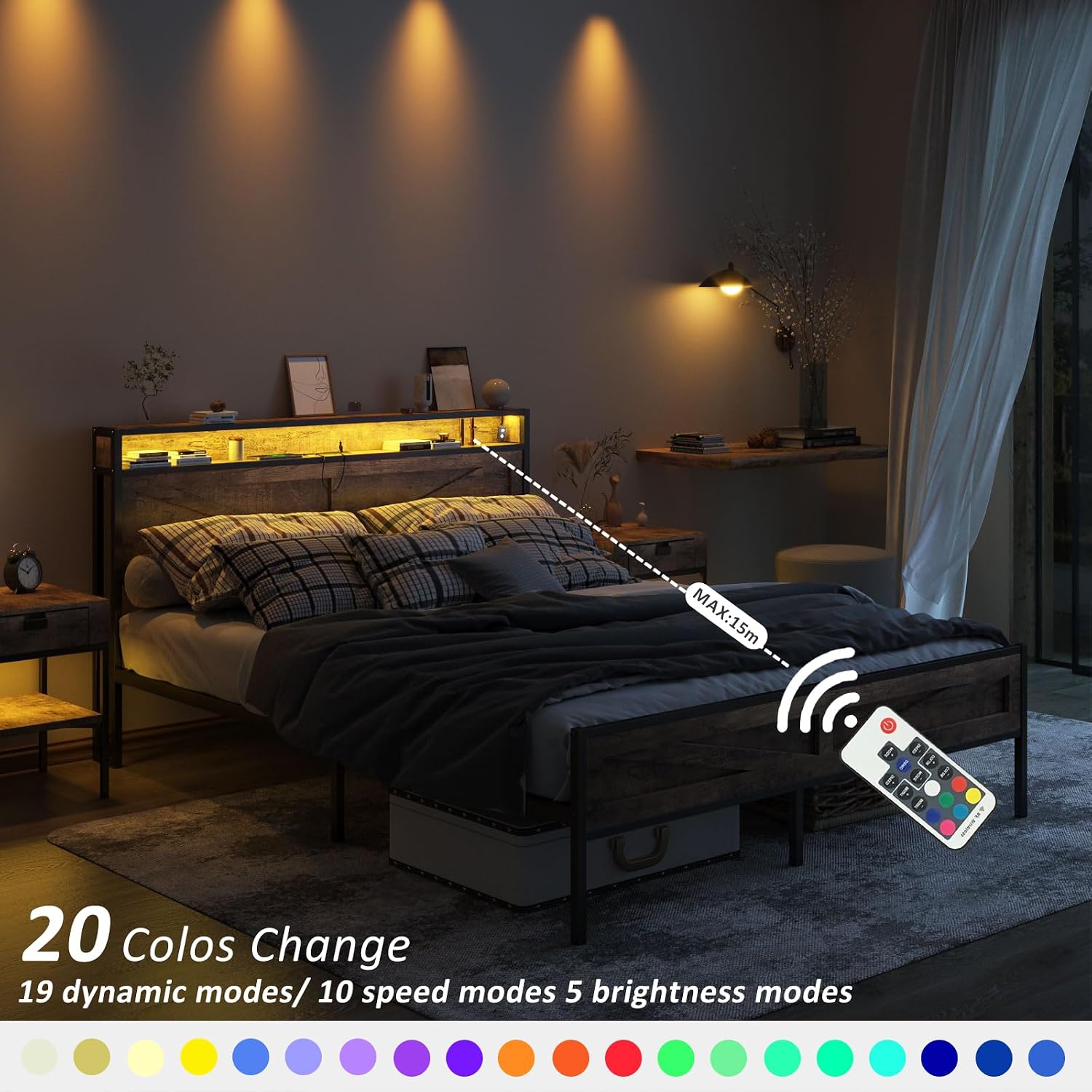Halitaa LED Queen Size Bed Frame with Charging Station, Platform Metal Bed with Headboard Storage & USB Ports Outlets, Farmhouse Bed Frame with Lights for Bedroom, Noise Free, Brown (Queen)