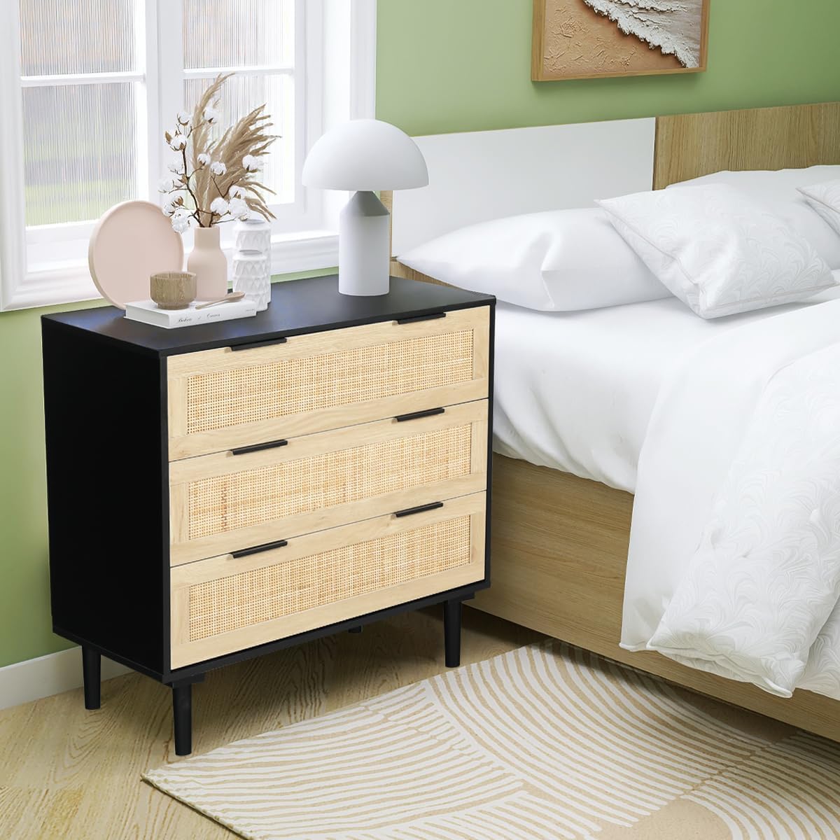 HOPUBUY Large Nightstand with Rattan Drawer, Modern 3 Drawer Night Stand for Bedroom, Wooden Bedside Table for Queen Size and King Size Bed, Black