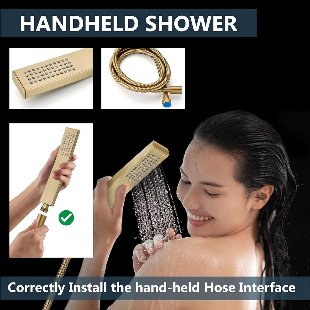 Aolemi Shower Faucet Set with Handheld Spray High Pressure Shower System Shower Faucets Sets Complete Rough-in Valve and Shower Trim Kit Wall Mount Rainfall 16 Inch LED Shower Head Brushed Gold