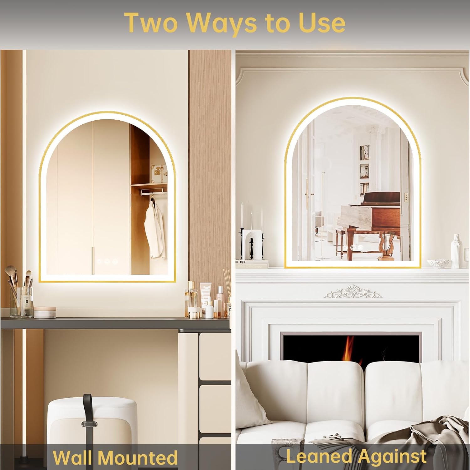 Arched LED Mirror for Bathroom 24'x30', Brushed Gold Lighted Bathroom Mirror with Lights, Fogless, Dimmable, Shatterproof, Touch Sensor, 3 Color Changing