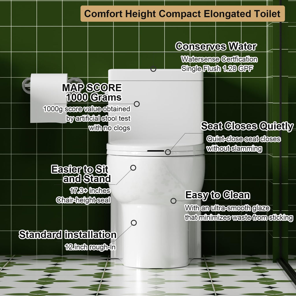 Elongated One Piece Toilet with Left-Hand Trip Lever, ADA Comfort Height, Seat Chair Height 17.3' Modern Toilet for Bathroom, 1.28 GPF, MAP 1000g, 12' Rough-In, Soft Closing Seat