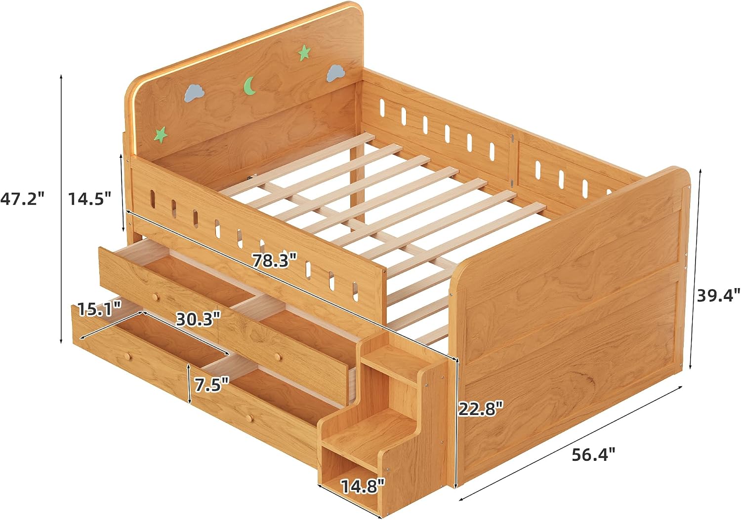 VilroCaz Full Size Platform Bed with Guardrail and 4 Drawers, Wooden Kids Platform Bed Frame with Two-Step Staircases and Light Strip for Boys Girls, Sturdy Slats Support (Wood-11A)