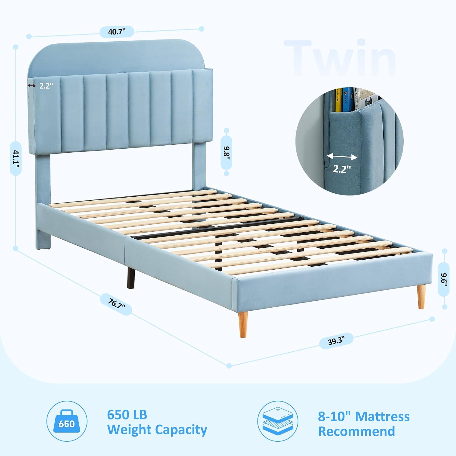 IDEALHOUSE 2PCS Twin Bed Frames, Upholstered Platform Bed Frame with Bookcase Headboard, Velvet Platform Bed Mattress Foundation, Heavy Duty Steel Support Legs, Easy Assembly, Noise Free, Blue