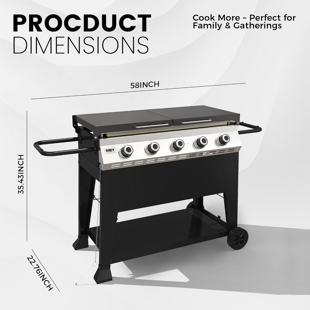 3-Burner Propane Grill, 34,000 BTU Outdoor Flat Top Propane Gas Griddle Grill with 540 Sq In Cooking Area, Rolling Wheels, Folding Side Shelves & Cover for Camping, Backyard BBQ (5 Burner)