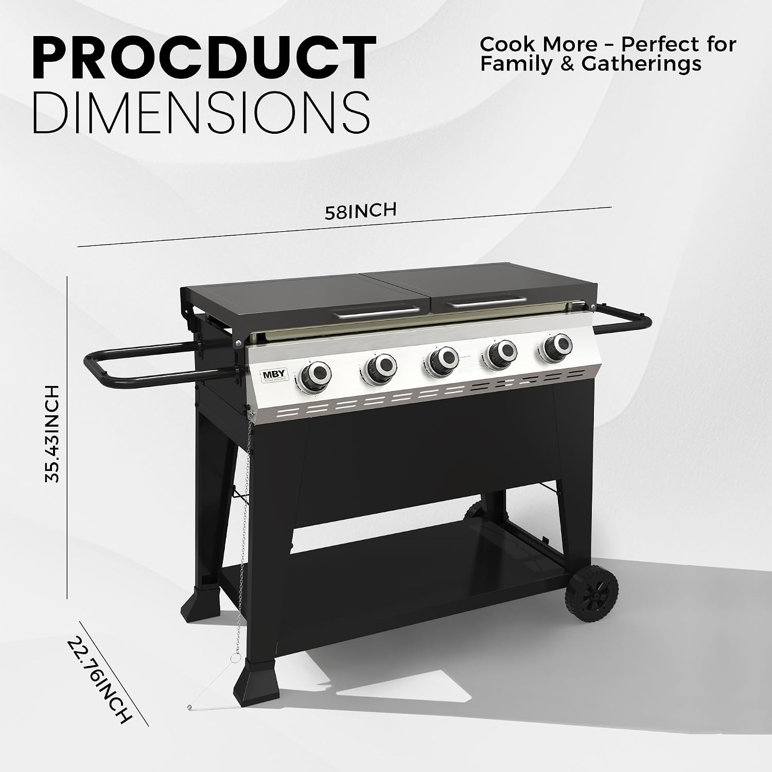 3-Burner Propane Grill, 34,000 BTU Outdoor Flat Top Propane Gas Griddle Grill with 540 Sq In Cooking Area, Rolling Wheels, Folding Side Shelves & Cover for Camping, Backyard BBQ (5 Burner)