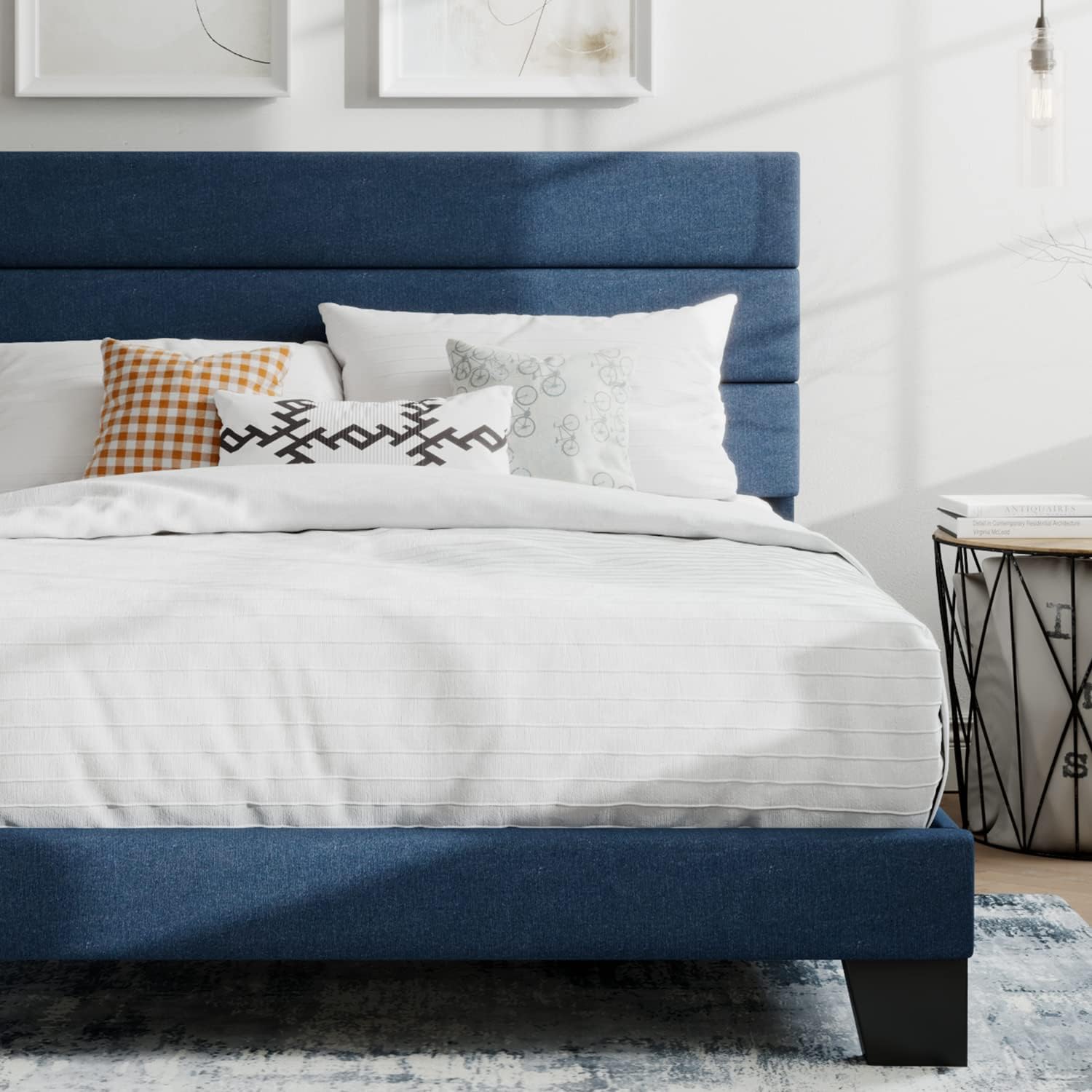 SHA CERLIN Full Platform Bed Frame with Upholstered Fabric Headboard, Mattress Foundation with Strong Wooden Slats Support, No Box Spring Needed, Blue