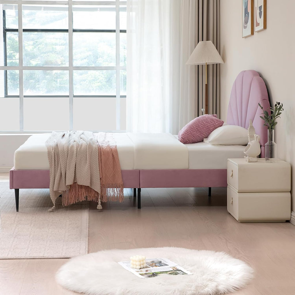 VELOCAVA Pink Bed Frame Queen Size, Heavy Duty Upholstered Bed with Unique Headboard, Soft Velvet Platform Bed with Strong Wooden Slats Support, No Box Spring Needed, Easy to Assemble