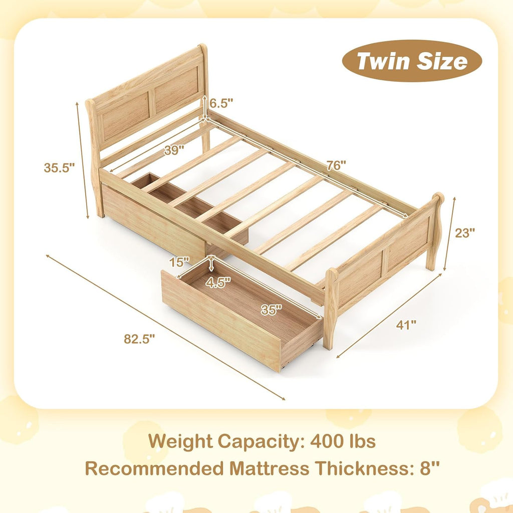 Giantex Twin Bed with 2 Storage Drawers, Wood Platform Bed with Headboard & Footboard, Wooden Slats Support Mattress Foundation, Twin Bed Frames for Kids Teens Adults, No Box Spring Needed (Natural)