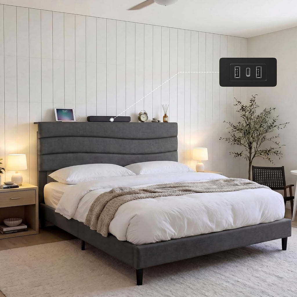 EnHomee Queen Bed Frame with Adjustable Height Upholstered Headboard, 3 USB Charging Ports, Noise-Free Platform Bed, No Box Spring Needed, Grey