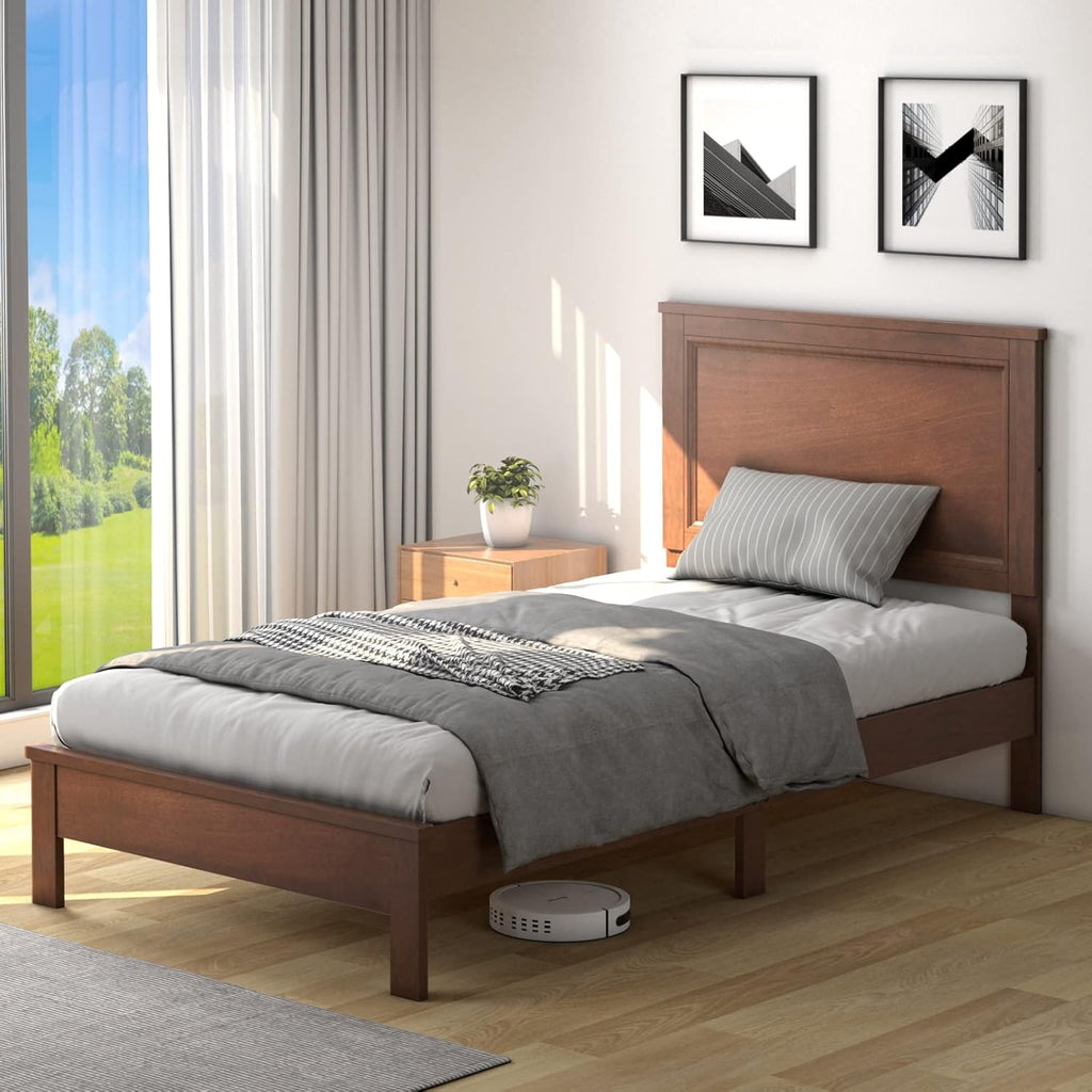 KOMFOTT Twin Size Wood Platform Bed Frame with Headboard, Wooden Mid Century Platform Bed with Slat Support & Under Bed Storage, Mattress Foundation Bed Base, No Box Spring Needed, Walnut