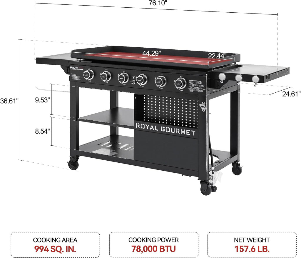 6-Burner Propane Gas Grill Griddle with Foldable Side Tables, 44-Inch Flat Top Grill with Double-Layer Bottom, Ideal for Outdoor Cooking, Black, GB6000-SC