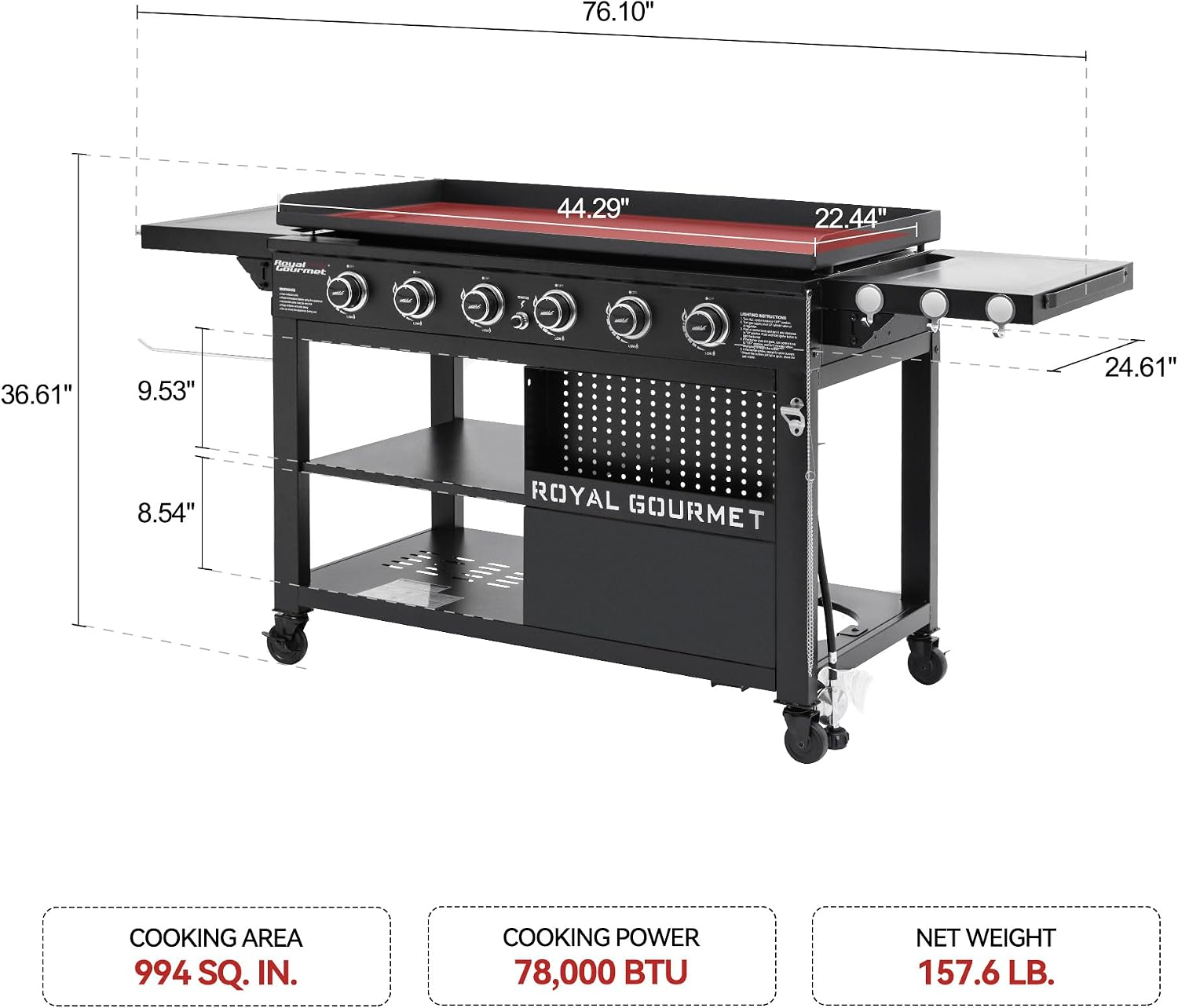 6-Burner Propane Gas Grill Griddle with Foldable Side Tables, 44-Inch Flat Top Grill with Double-Layer Bottom, Ideal for Outdoor Cooking, Black, GB6000-SC