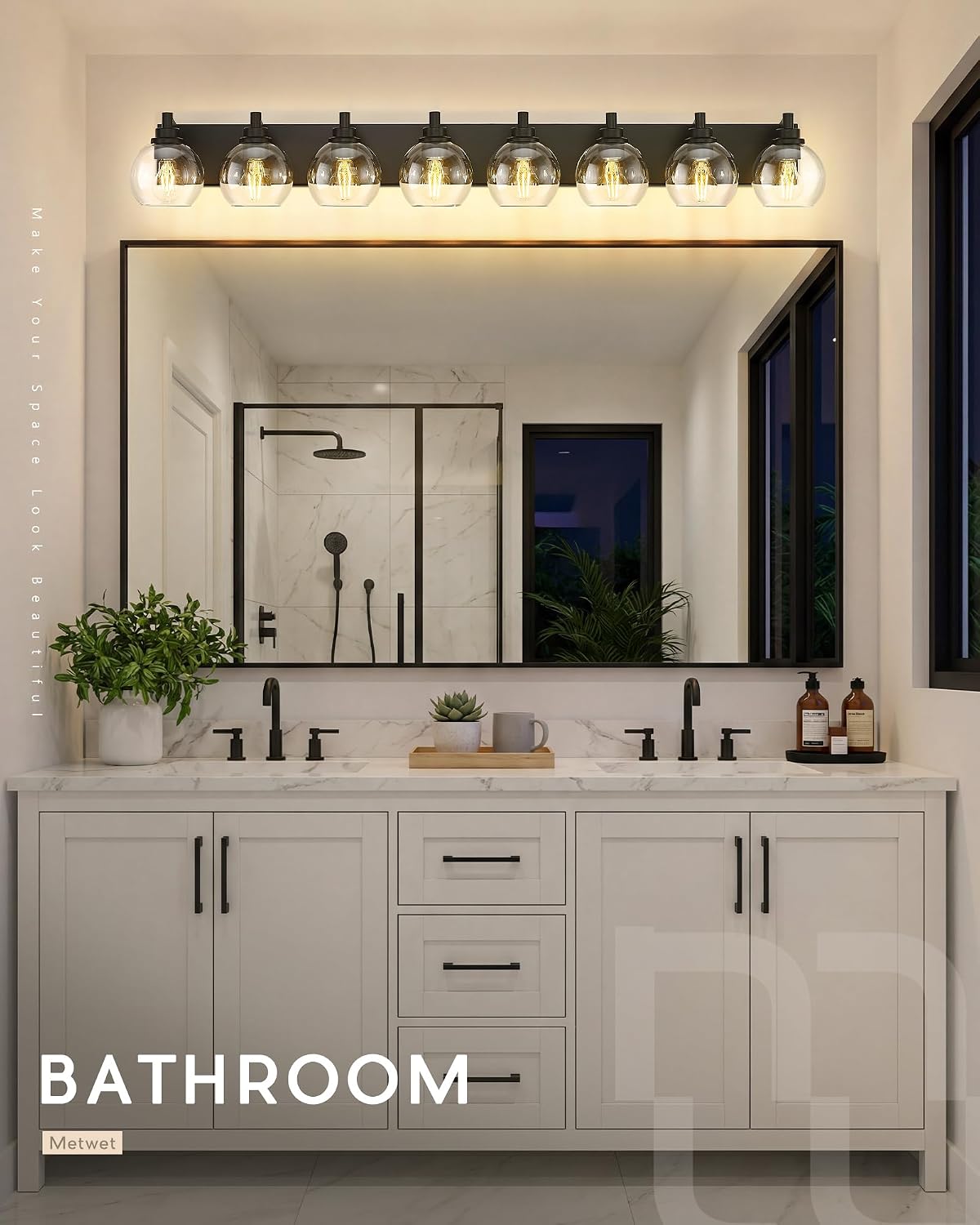 8-Light Bathroom Light Fixtures, Matte Black Vanity Light, 52 Inch Modern Wall Sconces with Globe Clear Glass Shade, Vanity Lighting Fixtures Over Mirror, VL195-MB-8