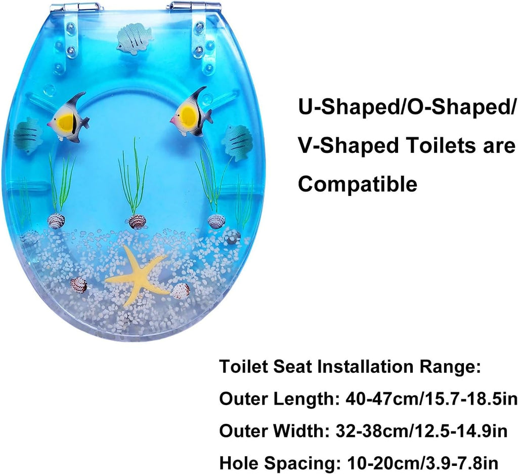 Resin Toilet Seat, Round Seats with Ocean Design, Soft Close and Quick Release Hinges, for Bathroom, Home, and Guest Restroom(Blue4)