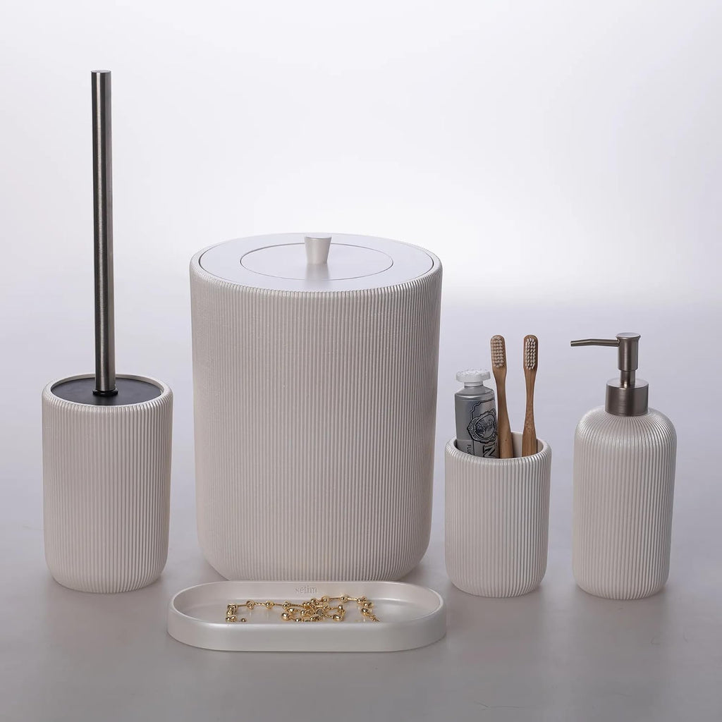 Lydia Collection 5-Piece Resin Bathroom Accessories Set – Toilet Brush Holder, Waste Bin, Soap Dispenser, Tray & Toothbrush Holder (Pearl)