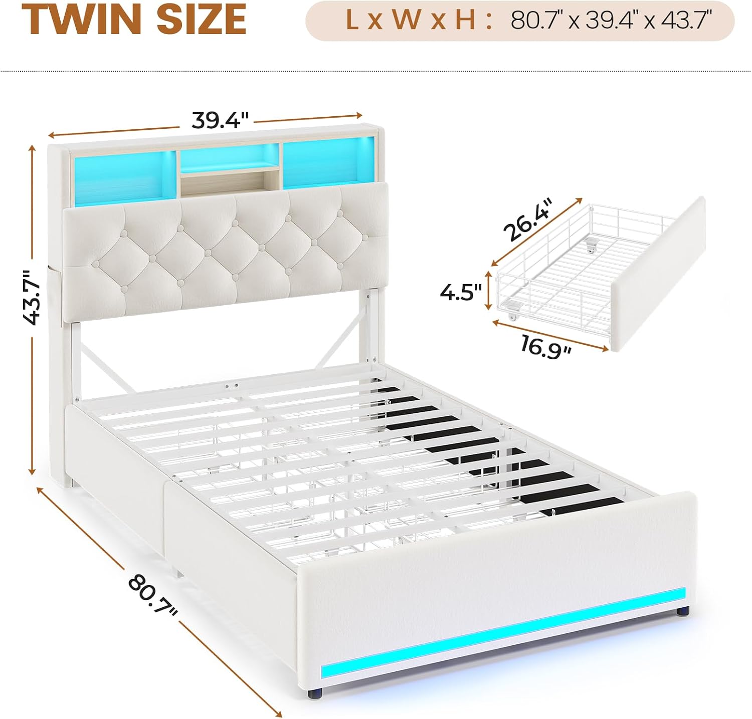 BTHFST Twin Bed Frames with Storage Headboard & 4 Drawers, LED Bed Frame Twin with Charging Station, Velvet Upholstered Bed with Metal Slats, No Box Spring Needed, Creamy White