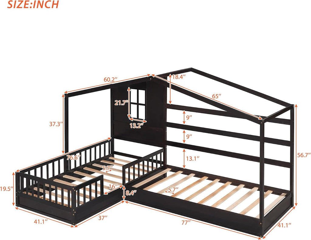 MERITLINE L Shaped Bed for 2 Kids, Twin House Bed, Wooden Double Twin Beds with Fence and Roof, Playhouse Bed, Corner Bed for Bedroom Furniture, No Box Spring Needed (Espresso)
