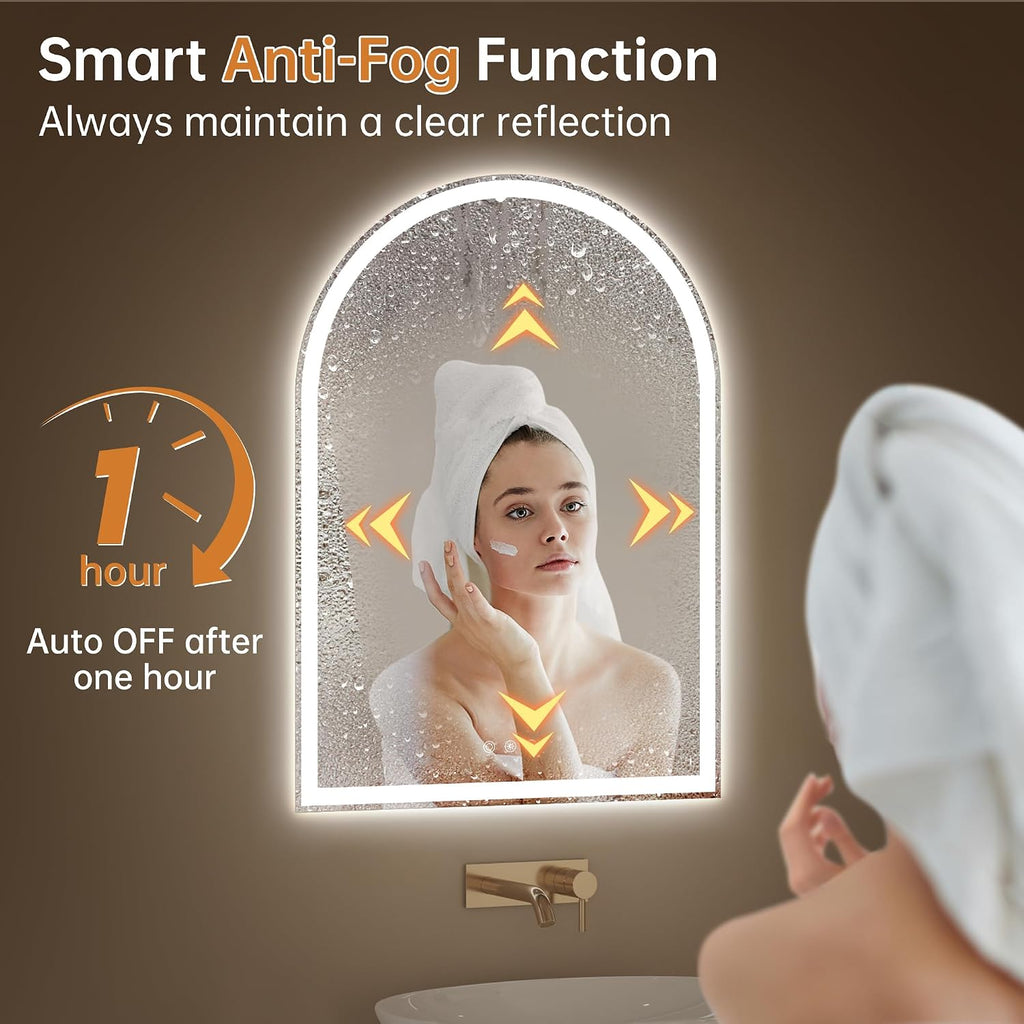 Arched Bathroom Mirror with Lights 28'x40'- Frameless LED Mirror for Bathroom, Fogless, Dimmable, 3 Color Changing, Shatterproof, Touch Sensor