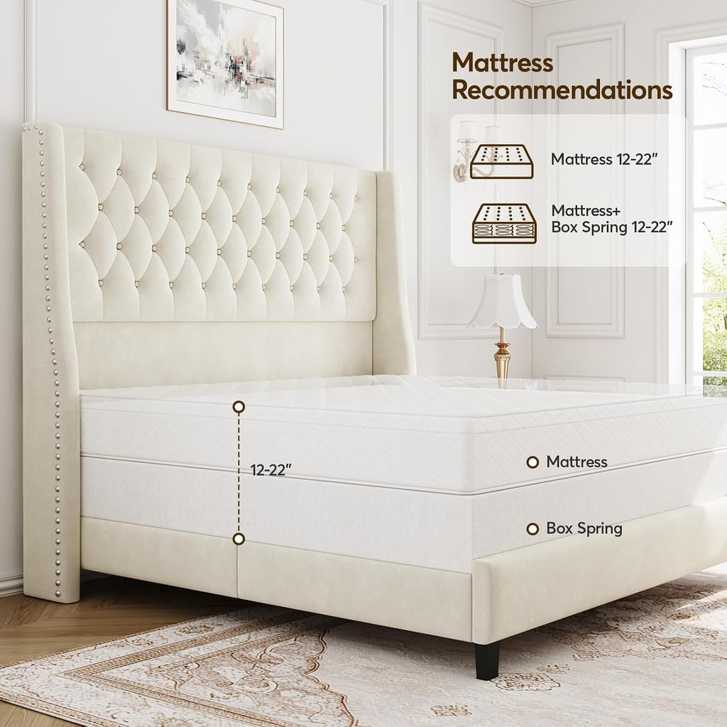 Full Bed Frame with 55' Tall Headboard, Upholstered Bed Frames, Soft Fabric, Button Tufted Headboard with Windback, Platform Bed, Noise-Free, No Box Spring Needed, Beige