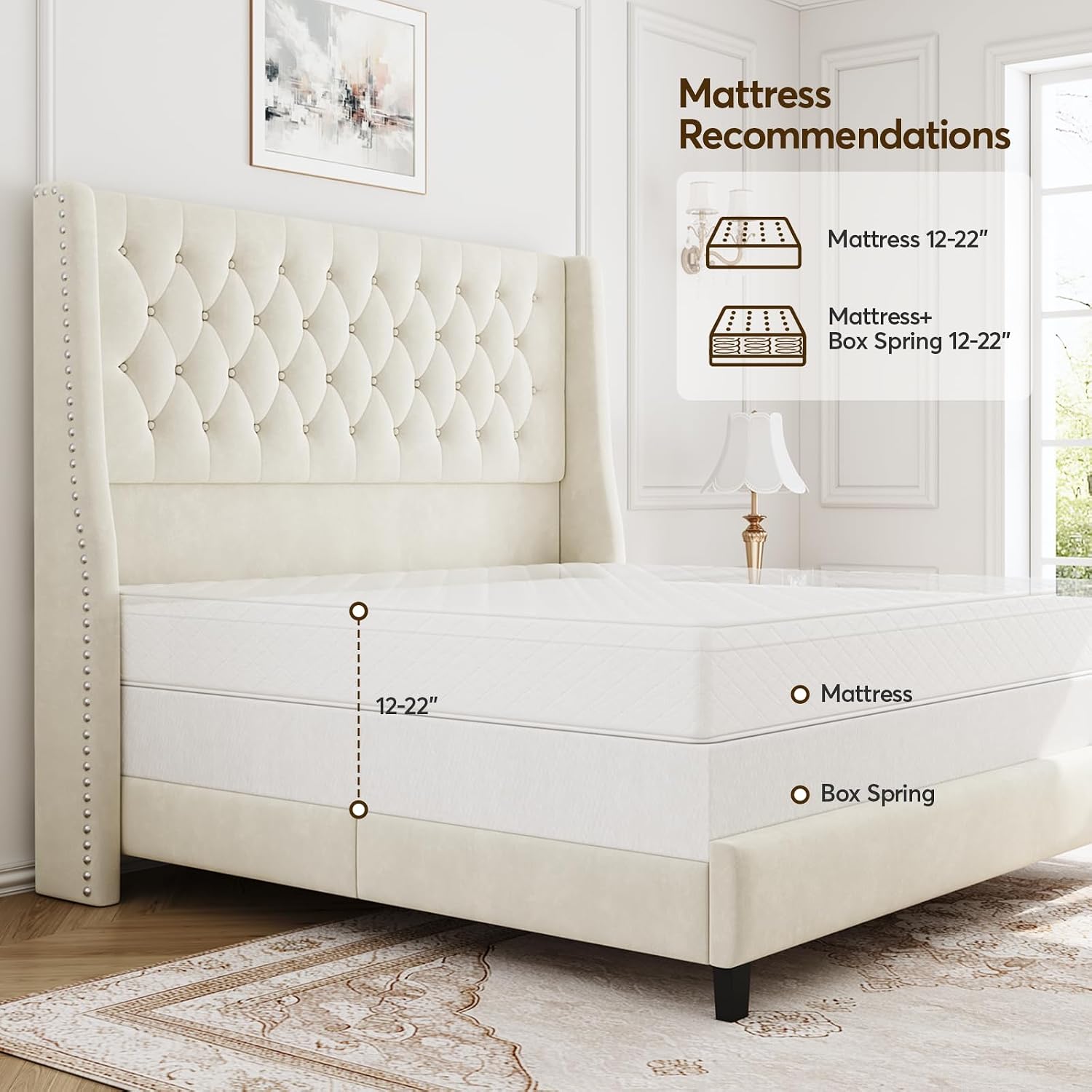 Full Bed Frame with 55' Tall Headboard, Upholstered Bed Frames, Soft Fabric, Button Tufted Headboard with Windback, Platform Bed, Noise-Free, No Box Spring Needed, Beige