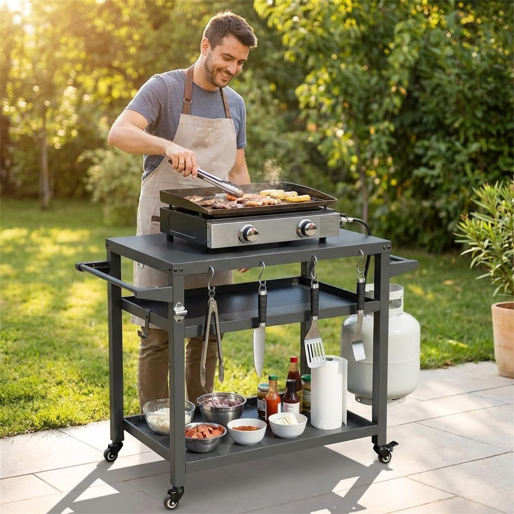 3-Shelf Outdoor Grill Table, Grill Cart with Wheels, Heavy-Duty Steel Food Prep Station with Propane Tank Hook for Blackstone Griddle, Pizza Oven Stand and BBQ Grill Cart for Backyard Cooking