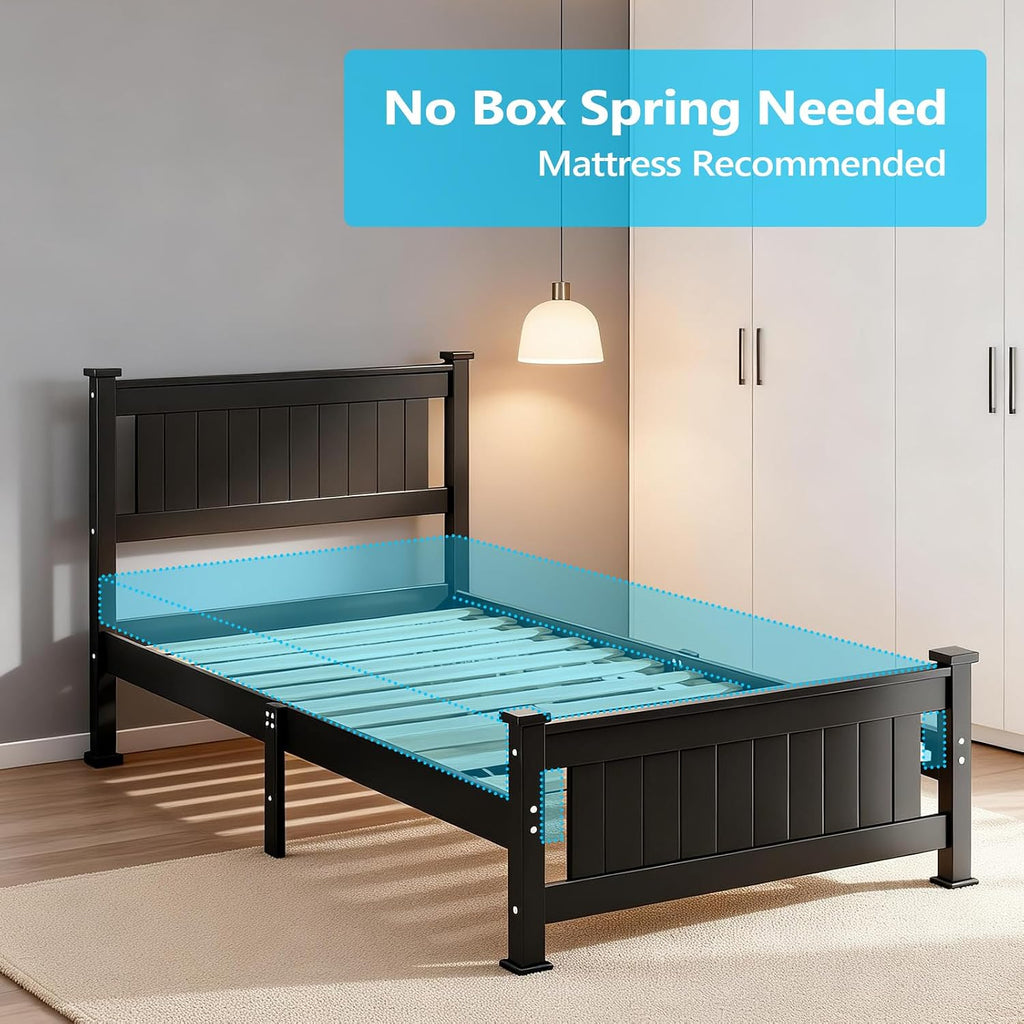 Bonnlo Twin Size Solid Wood Platform Bed Frame, Single Bed with Headboard, No Box Spring Needed Panel Bed, Wood Slat Support Mattress Foundation,Black