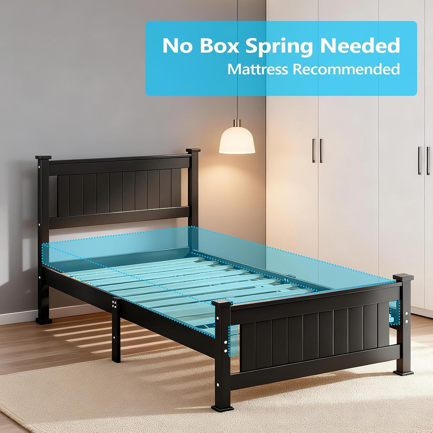 Bonnlo Twin Size Solid Wood Platform Bed Frame, Single Bed with Headboard, No Box Spring Needed Panel Bed, Wood Slat Support Mattress Foundation,Black