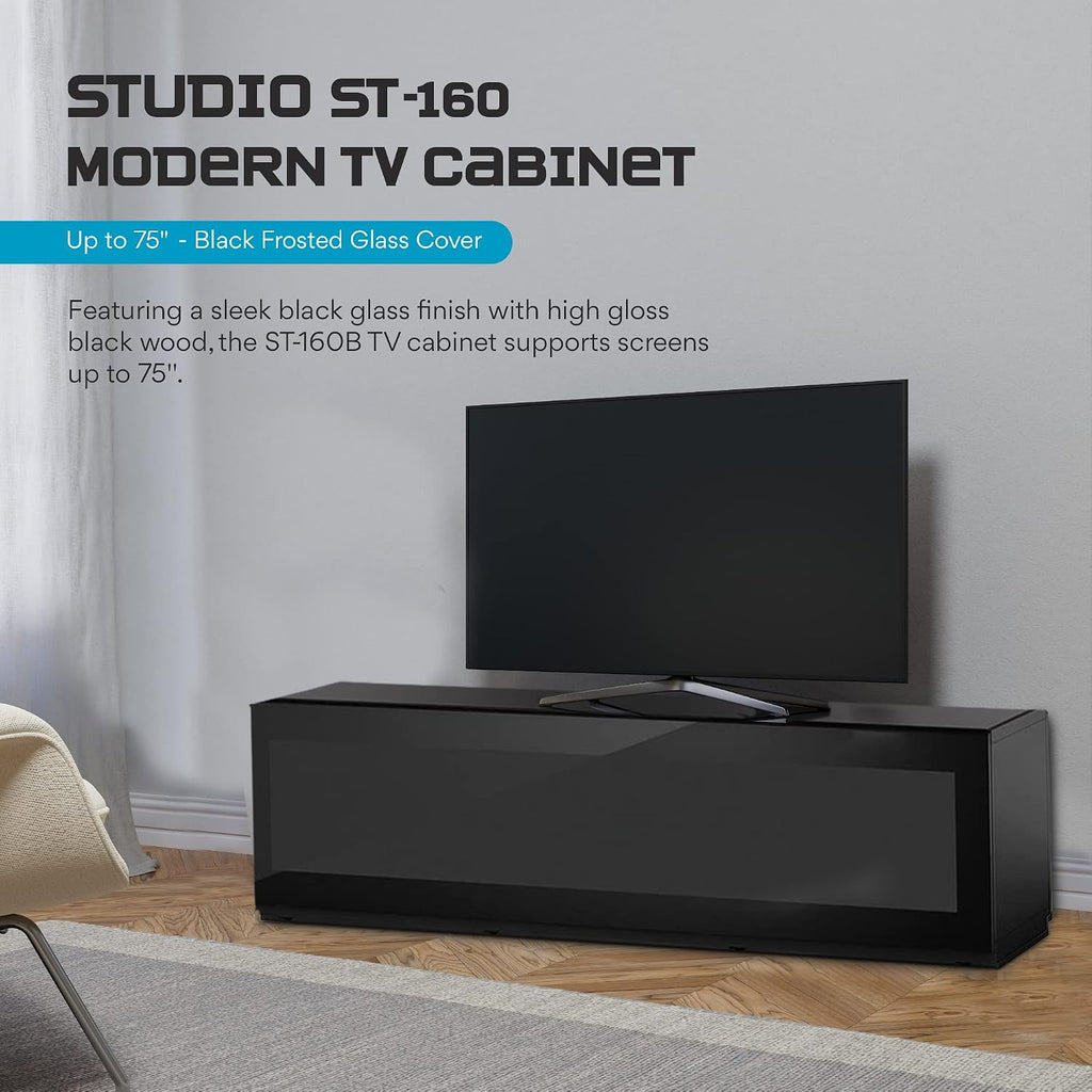 SONOROUS ST-160 Premium TV Stand with Black Glass Cover & Black Wood - Luxury Entertainment Center & Media Console for Living Room - High Gloss Modern TV Cabinet up to 75 Inches - Sleek Storage Design