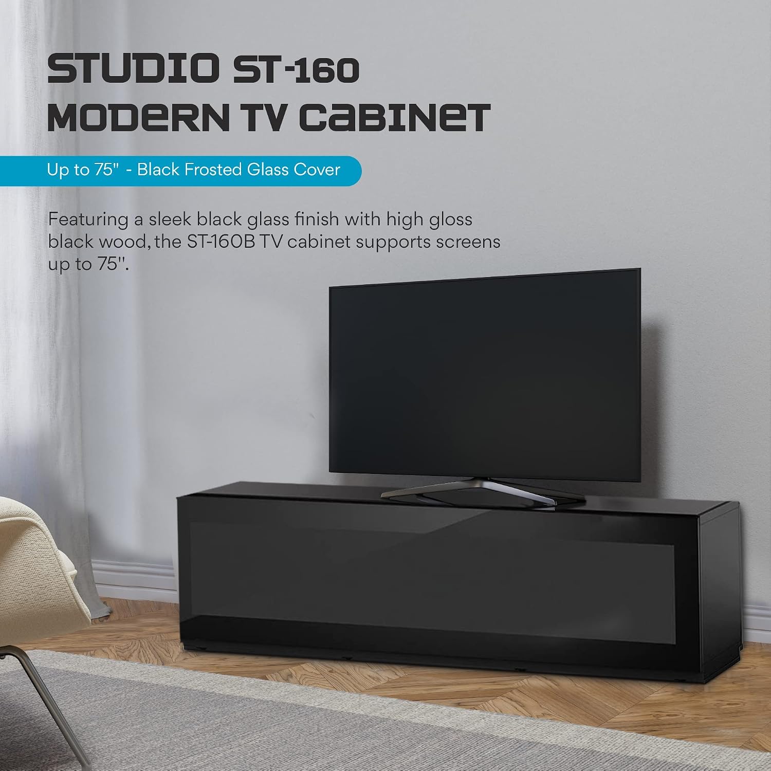 SONOROUS ST-160 Premium TV Stand with Black Glass Cover & Black Wood - Luxury Entertainment Center & Media Console for Living Room - High Gloss Modern TV Cabinet up to 75 Inches - Sleek Storage Design
