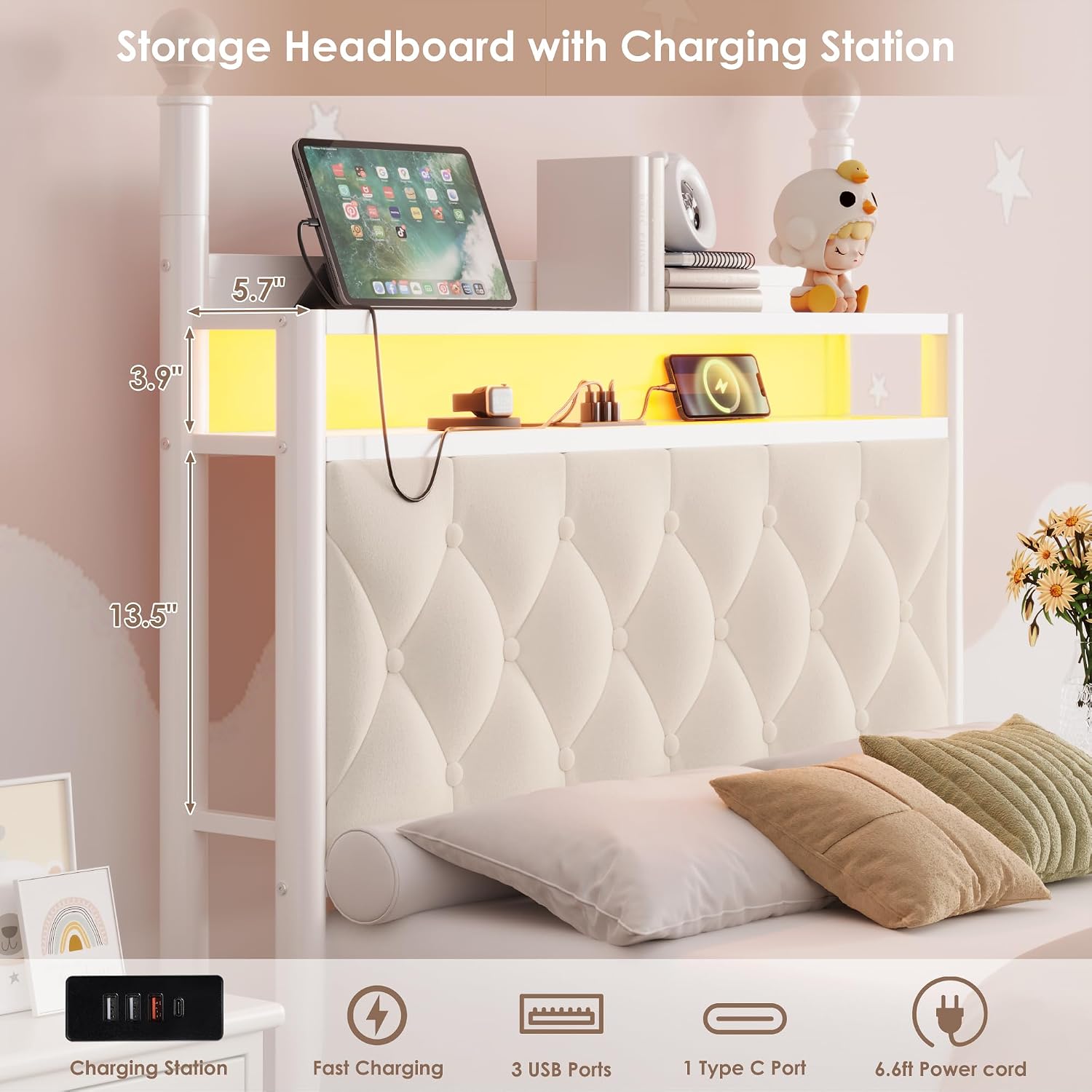 HIFIT Set of 2 Kids Twin Upholstered LED Canopy Bed Frame with Charging Station & Storage Drawer, Button Tufted Storage Headboard w/Bookshelf, Two-Use Girls Platform Bed frame w/4 Removable Post,Beige