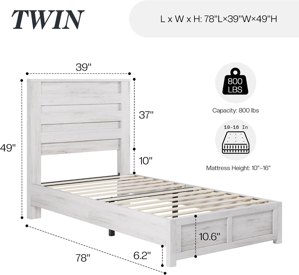Albott Farmhouse Twin Platform Bed with 49' Fluted Headboard, Wood Bed Frame with Natural Grain Finish, No Box Spring Needed, Noise-Free, Distressed White