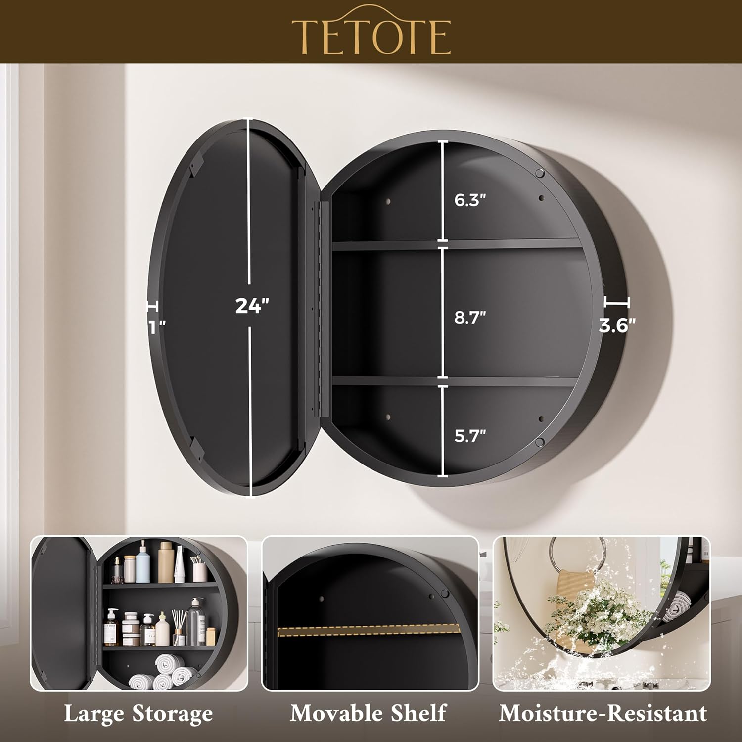 TETOTE 24 x 24 Inch Medicine Cabinet Mirror Black Framed Round Mirrored Medicine Cabinets for Bathroom Adjustable Shelves Modern Bathroom Mirror with Storage Wall Mounted