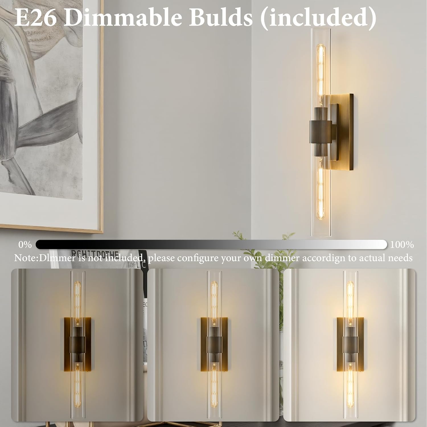 Linear Brass Bathroom Wall Sconce - Luxury Antique Brushed Gold Sconces Set of 2 - Dimmable Vanity Lights Fixture with Clear Glass Tube - Modern Lighting for Bedroom Living Room Hallway Indoor Decor