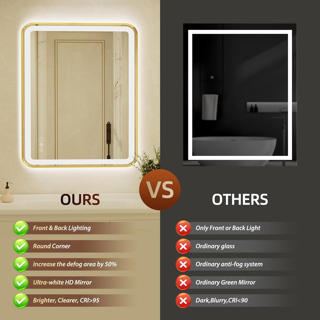 28x40 Inch LED Bathroom Mirror with Gold Frame,Front and Backlit Vanity Mirror,Tempered Glass,Stepless Dimmable Wall Mirrors with Anti-Fog, 3 Colors, Memory, Waterproof, LED Smart Bathroom Mirror
