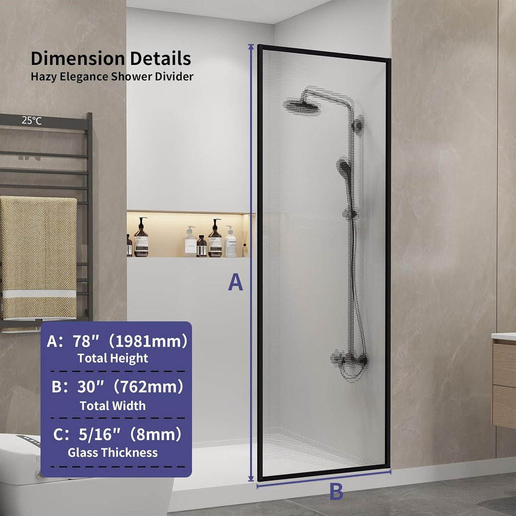 Dimaris Shower Door 30' X 78' Tempered Fluted Glass Framed Shower Screen Shower Glass Panel for Walk-in Bathroom Shower, Matte Black Finish (Crystal Matte Black, 30 * 78)