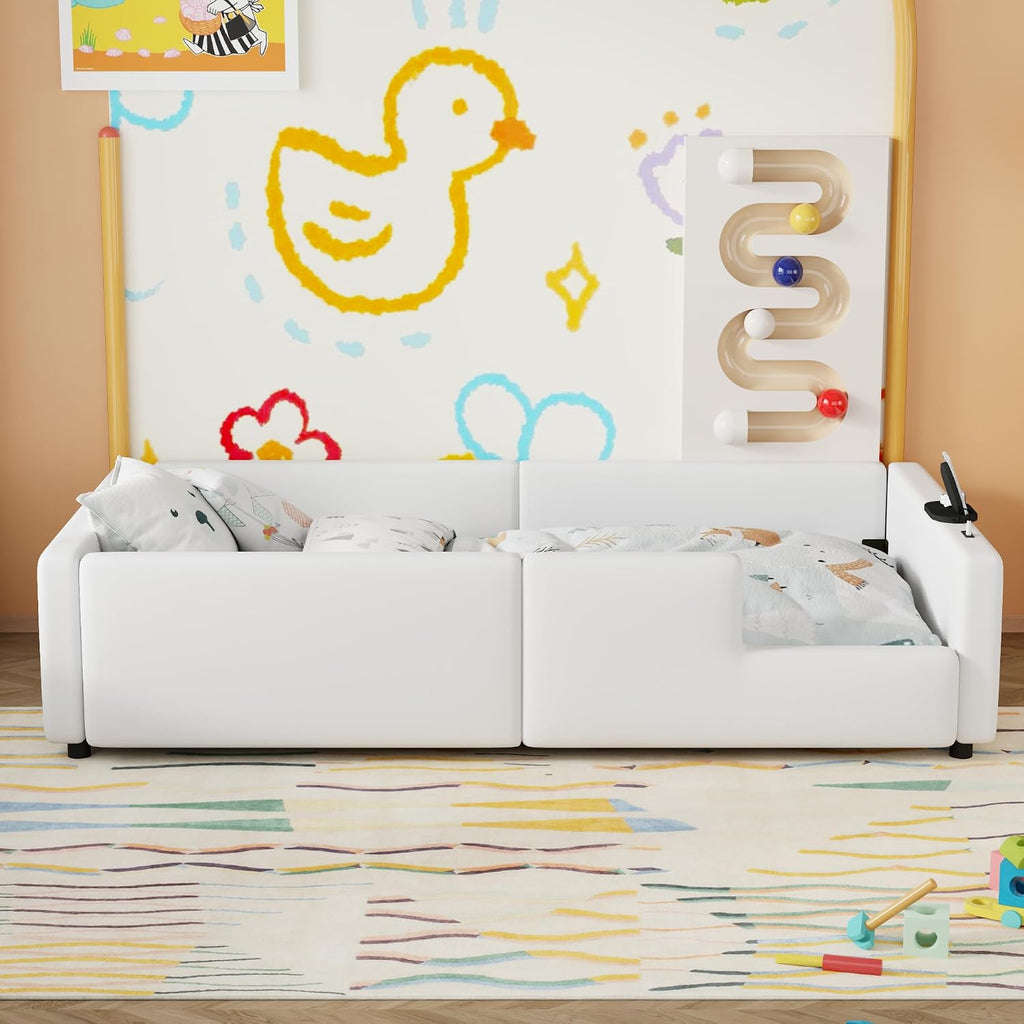 VilroCaz Twin Size Upholstered Platform Bed with Safety Guardrail, Montessori Kids Floor Bed, Child Grounded Bed with Charging Station and Sturdy Slats Support