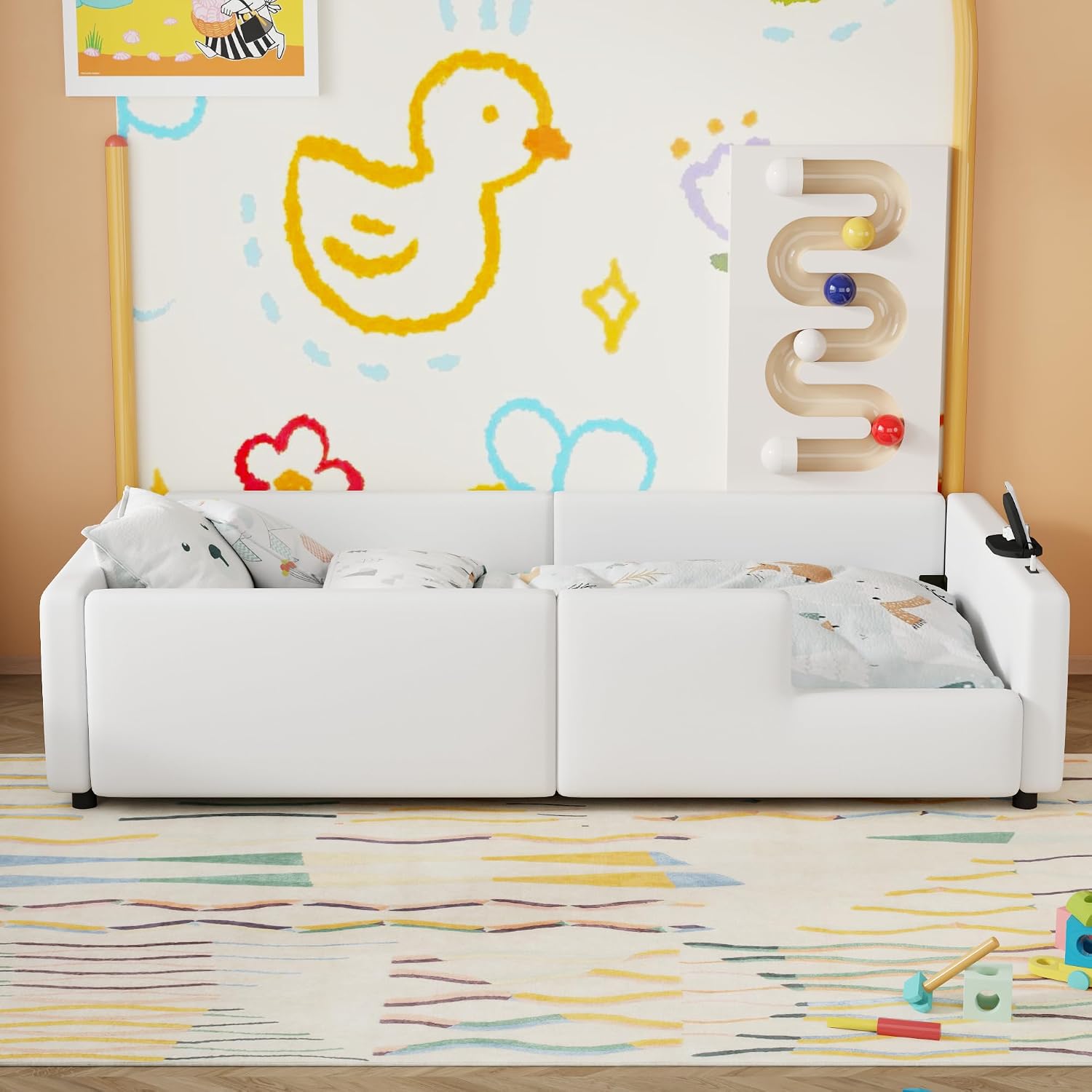 VilroCaz Twin Size Upholstered Platform Bed with Safety Guardrail, Montessori Kids Floor Bed, Child Grounded Bed with Charging Station and Sturdy Slats Support
